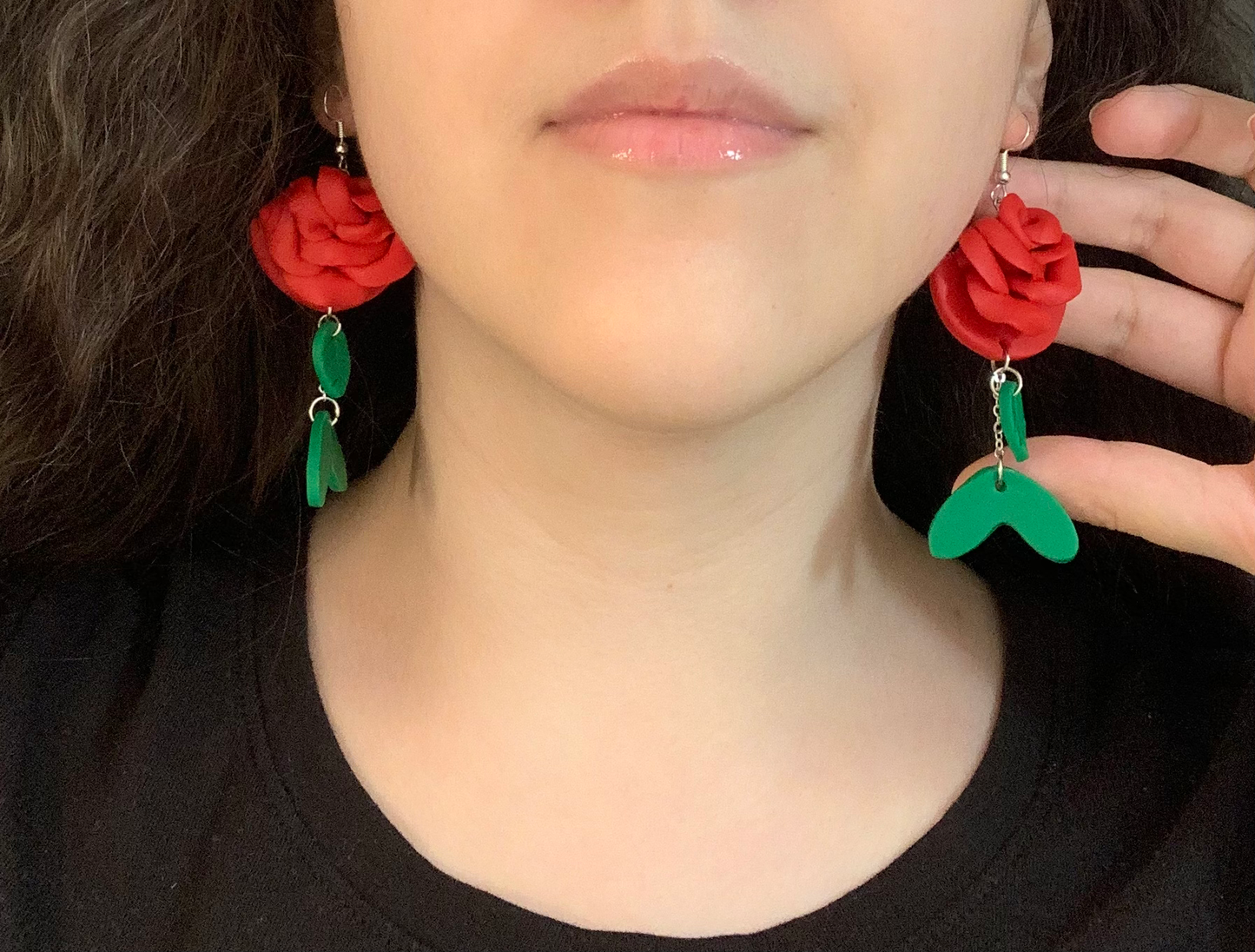 Rose and Leaves Dangle Earrings